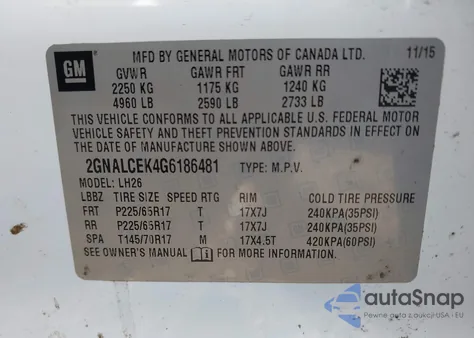 2016 Chevrolet Equinox Lt z USA, uszkodzony, nr VIN 2GNALCEK4G6186481